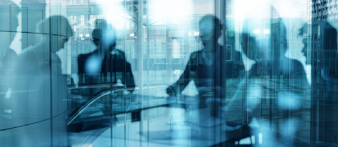 Double exposure of business people who work together in office